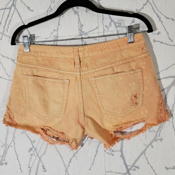 Free People Orange Acid Wash Distressed Lace Denim Shorts - Picture 3 of 4